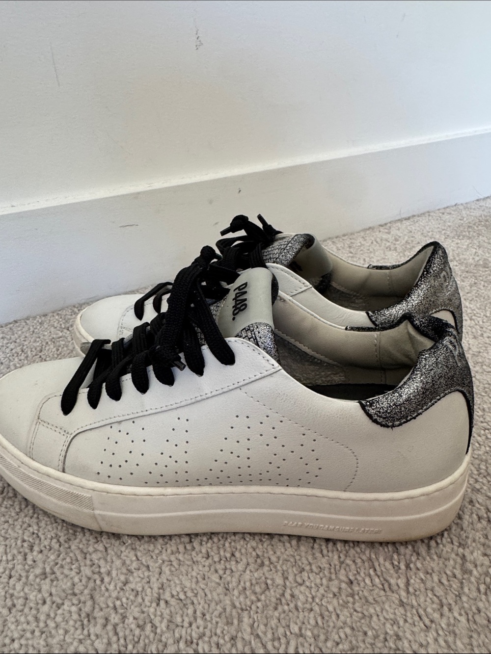 P448 White Leather Sneakers with Black Laces and Snake-Print Heel - Size 39 - Picture 8 of 10